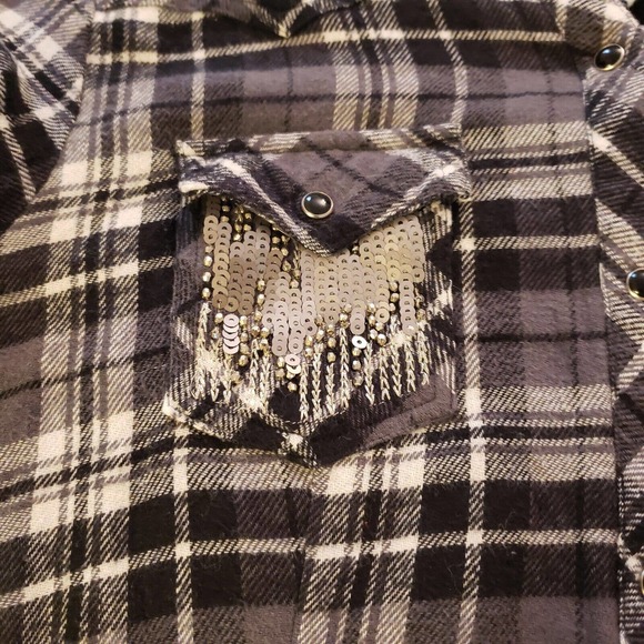 Stetson Womens Long Sleeve Pearl Snap Plaid Flannel Black White Sequins Size M - Picture 4 of 12